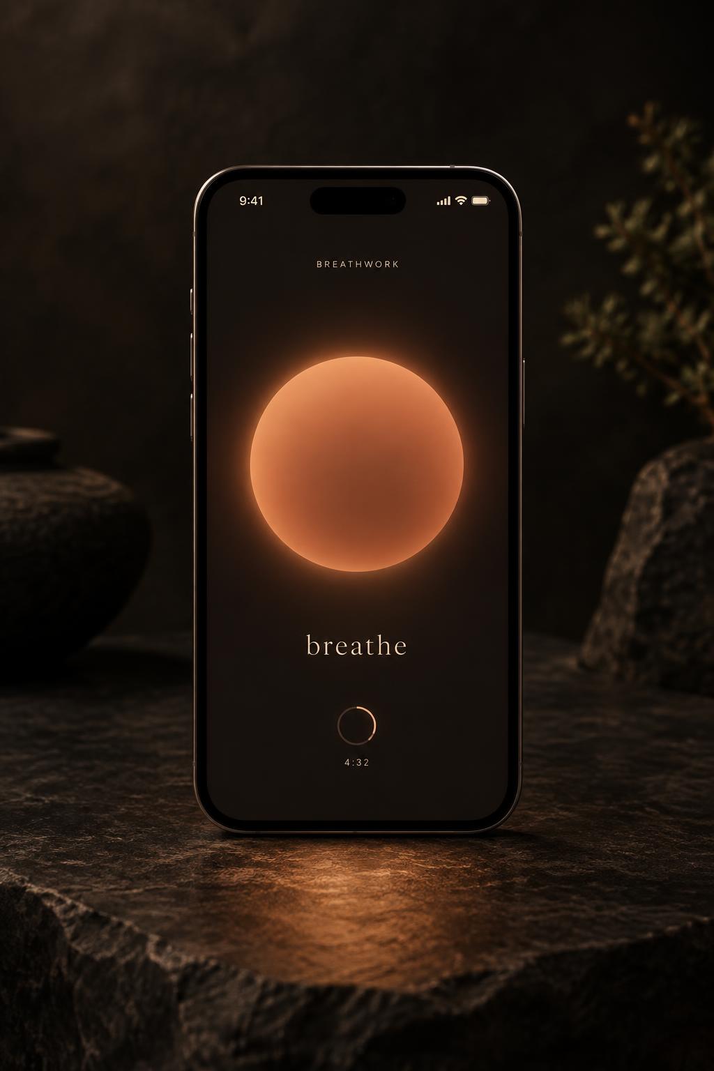 A phone running the Attune app with a glowing breathing circle